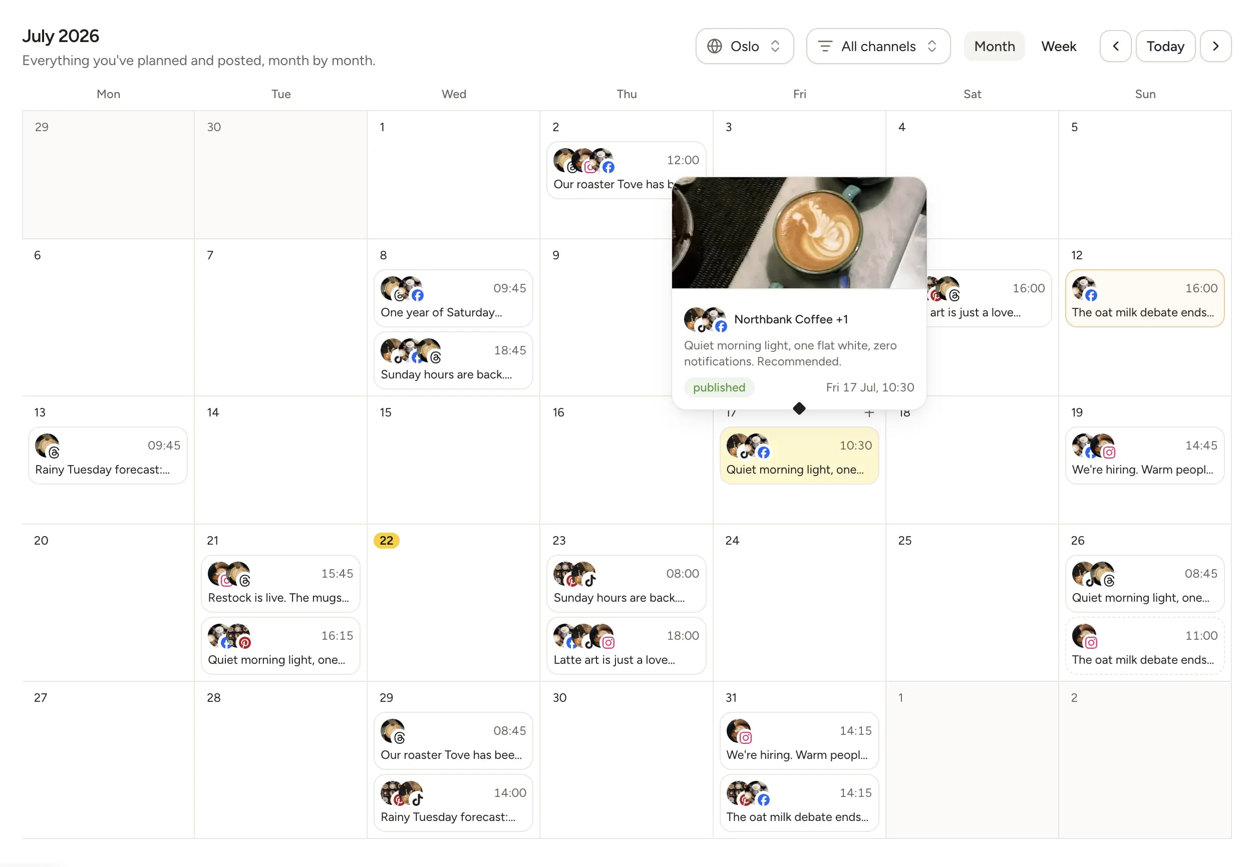 The Lemonpost calendar showing a month of scheduled posts with a hover preview