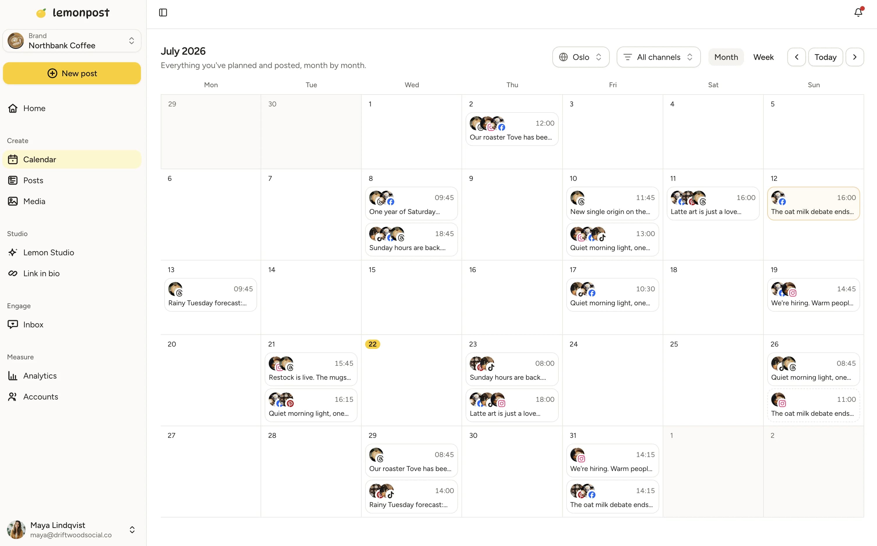 The Lemonpost calendar with a month of posts scheduled across every platform