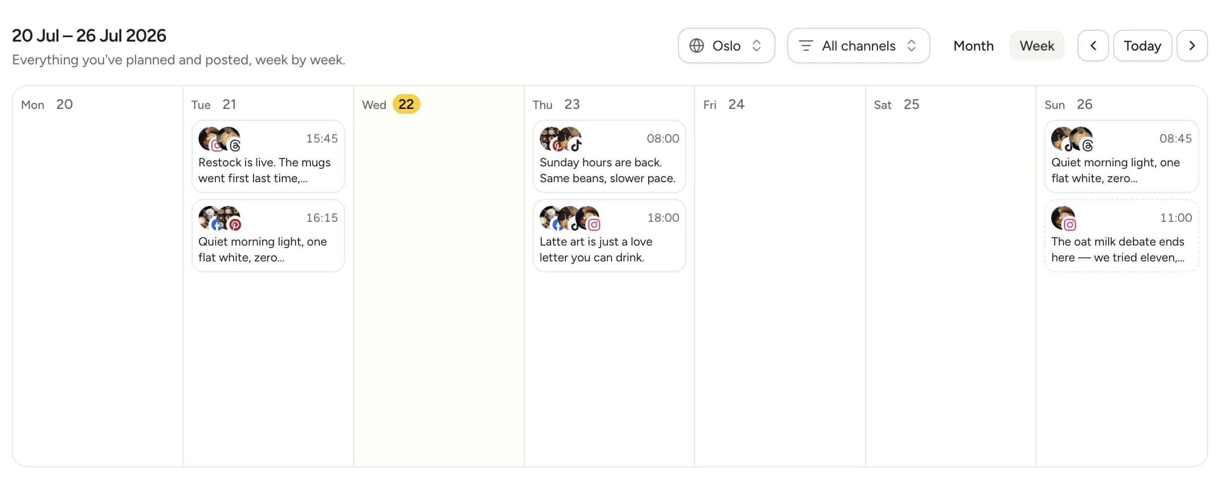 Lemonpost content calendar in week view showing scheduled posts across platforms