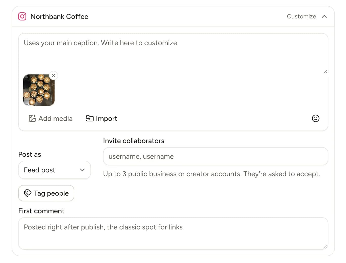 An expanded Instagram customize panel in the Lemonpost composer showing a per-platform caption, post-as picker, collaborators, tag people, and a first comment field