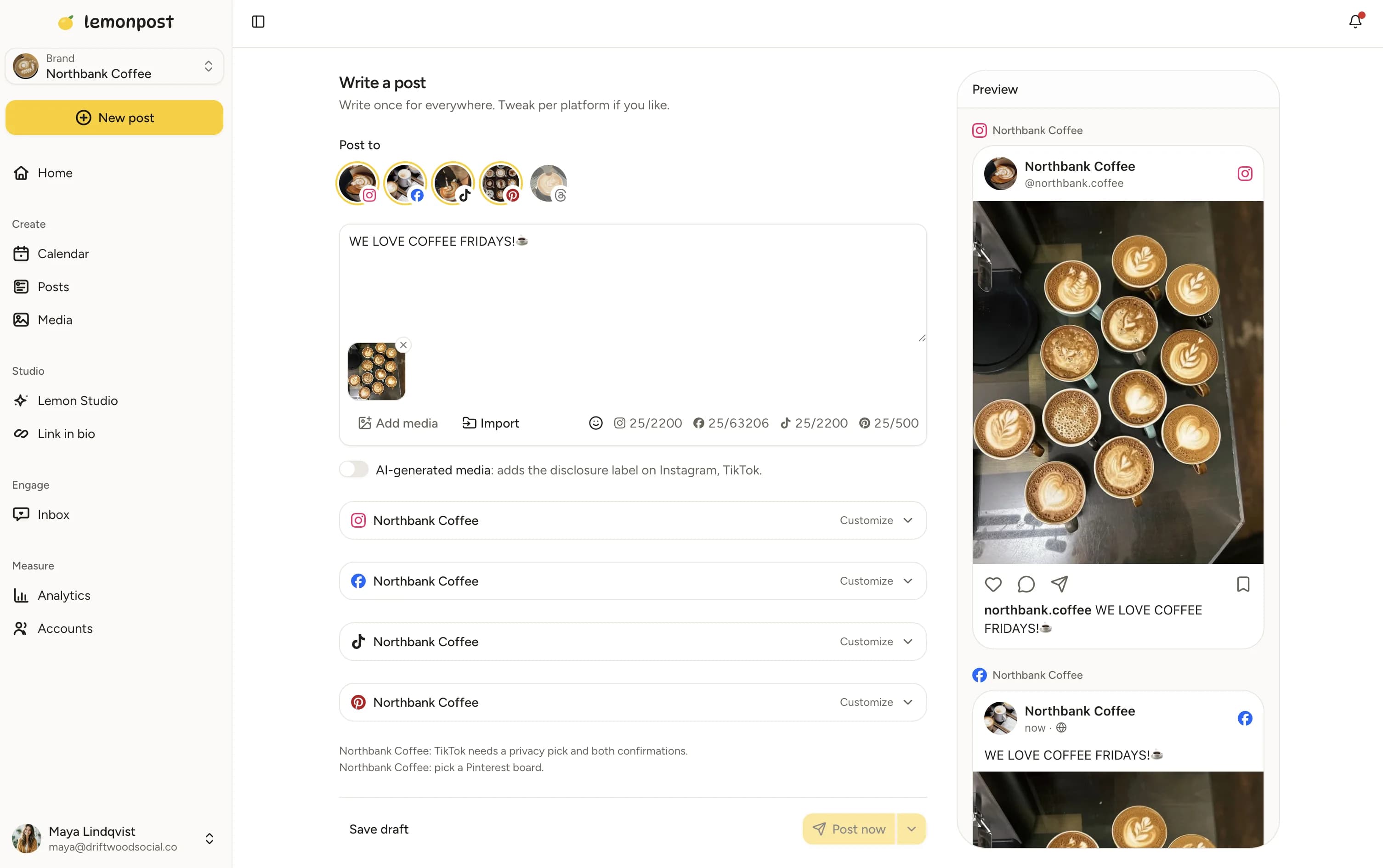The Lemonpost composer with nine social accounts selected, a caption in the middle, and a live Instagram and Facebook preview on the right