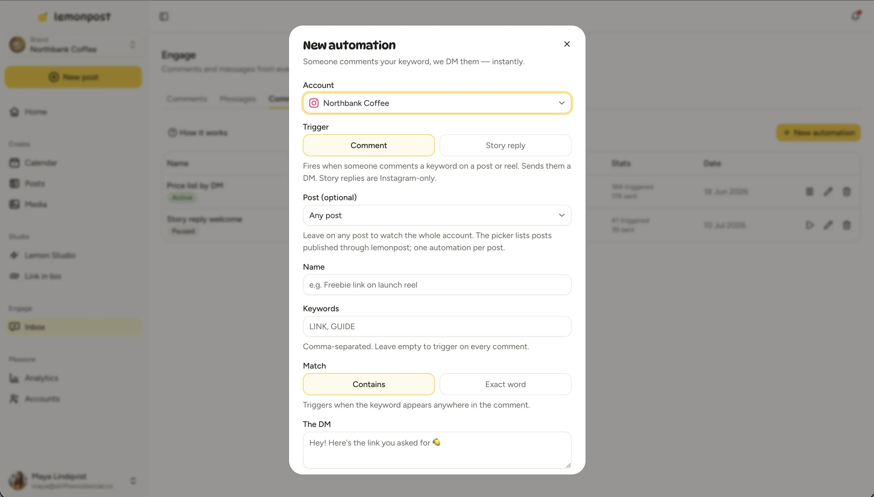 The new comment-to-DM automation form in Lemonpost, showing account, trigger, post scope, keywords, match mode, and the DM message