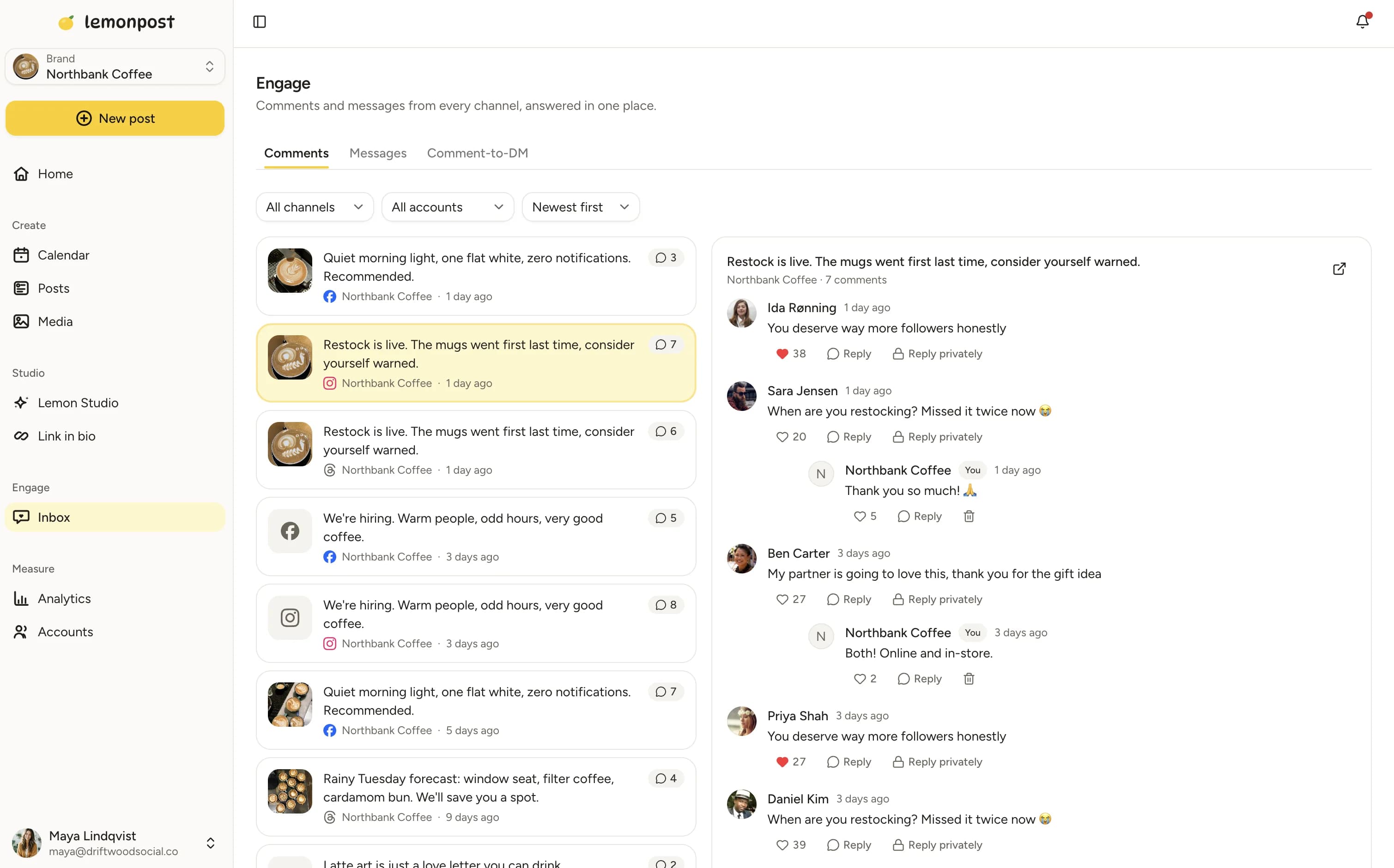 The Lemonpost social inbox on the Comments tab, with a list of commented posts on the left and a full comment thread with replies on the right