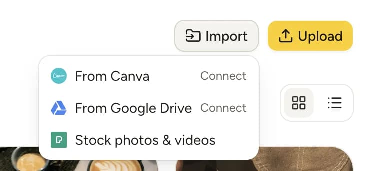 The Lemonpost import menu with options to import from Canva, Google Drive, and built-in stock