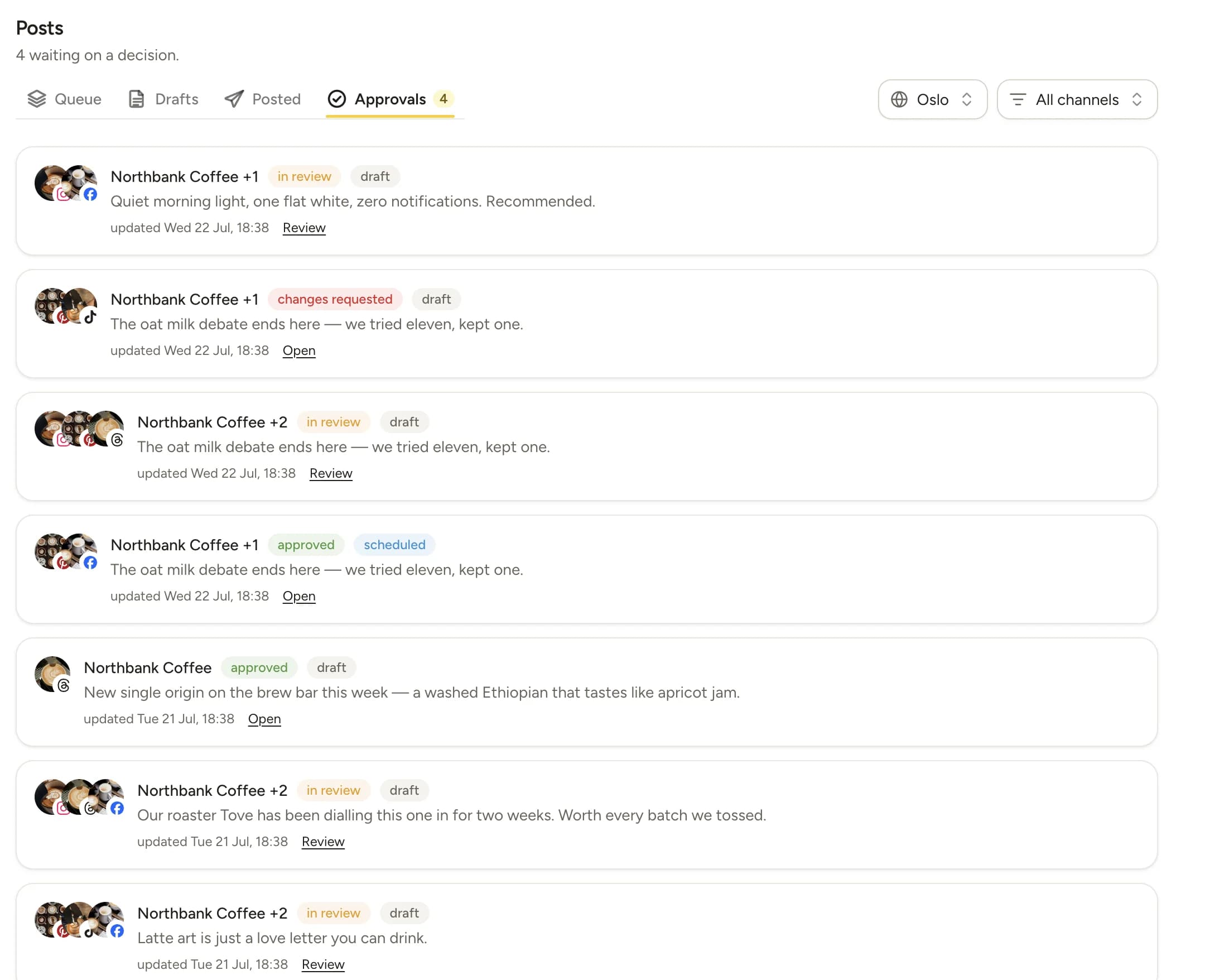 The Lemonpost approvals queue with client posts awaiting sign-off before they go live