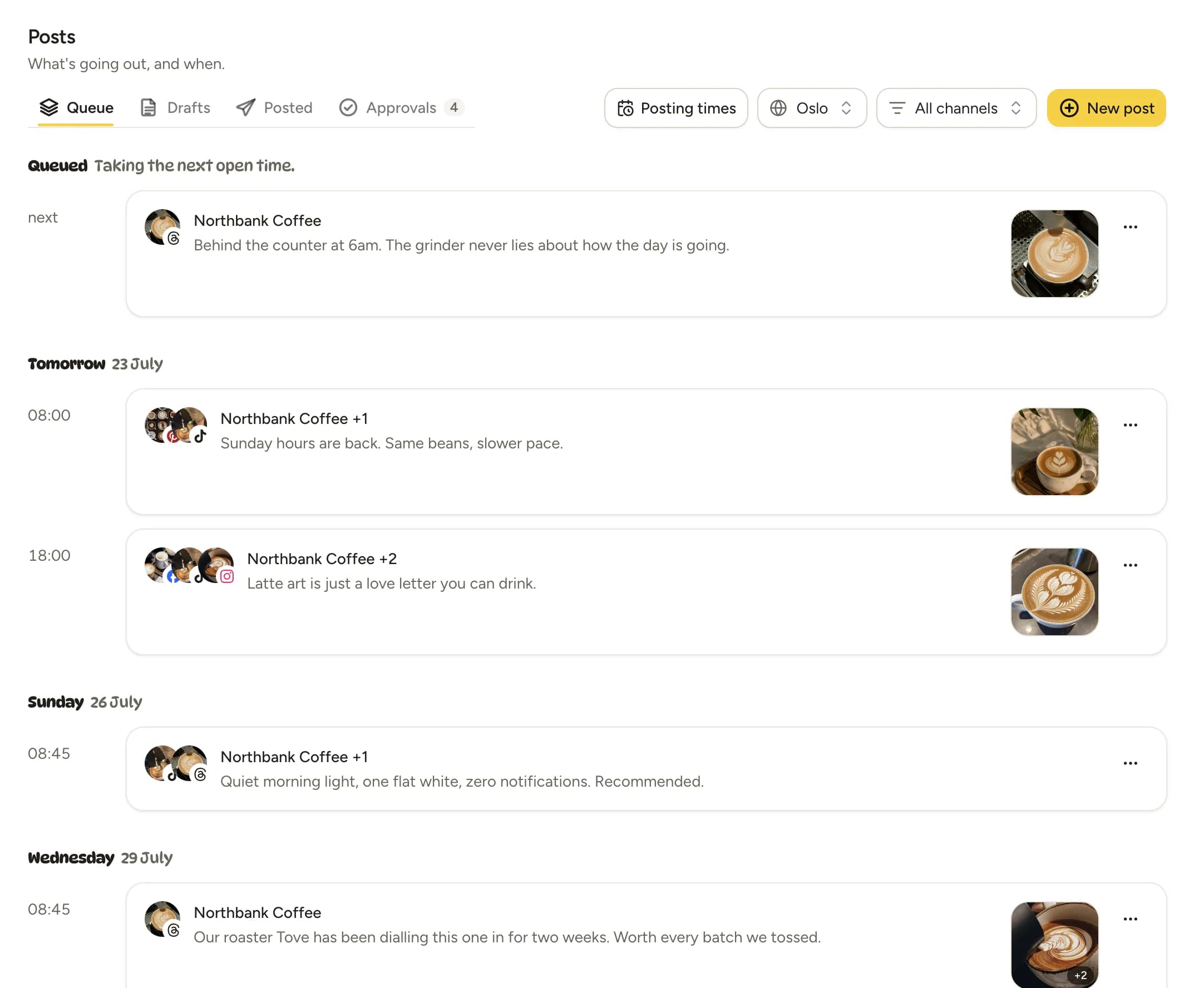 The Lemonpost posting queue with scheduled posts waiting in recurring time slots