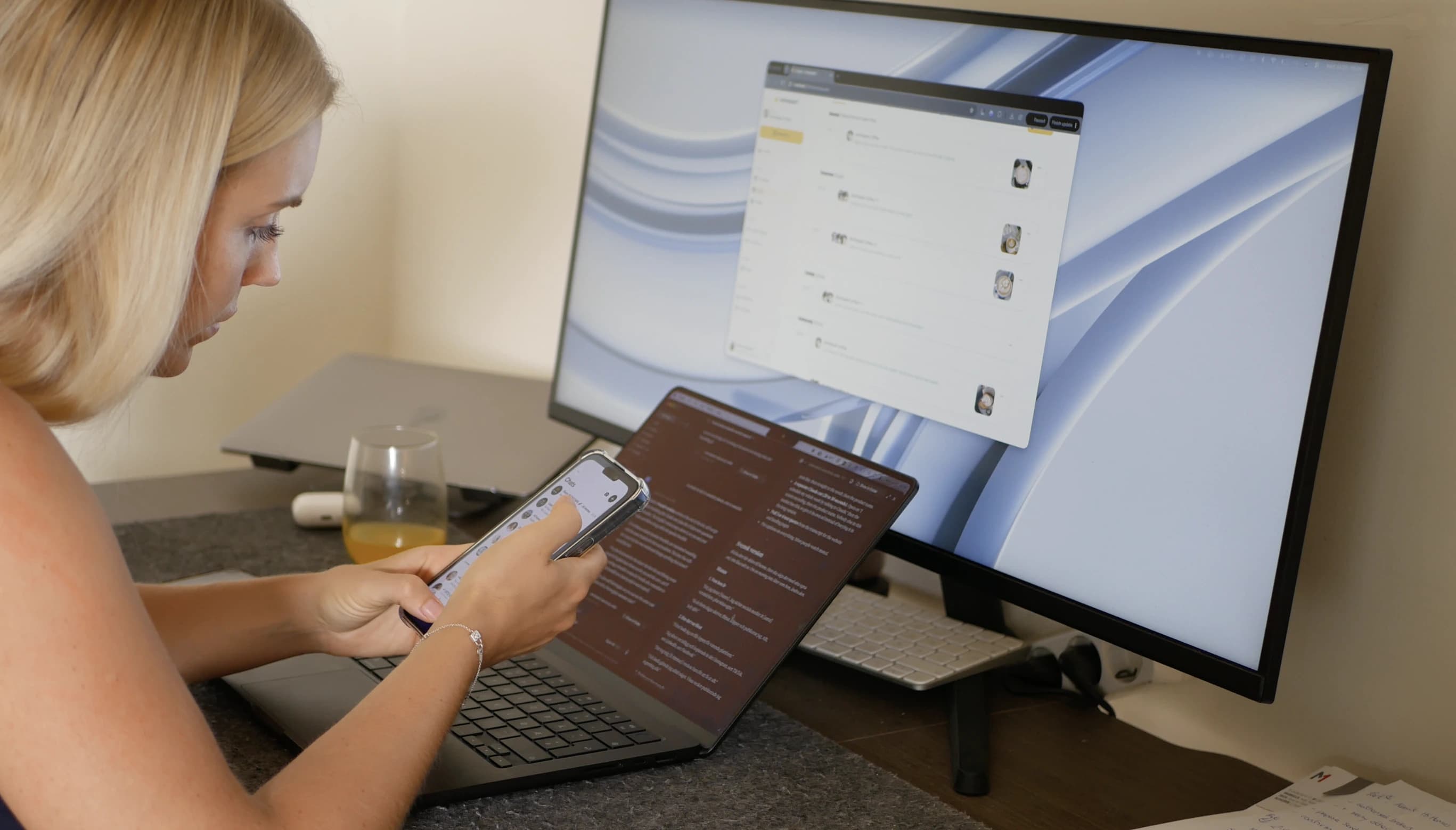 Fanny scheduling posts from her phone with the Lemonpost calendar on her monitor