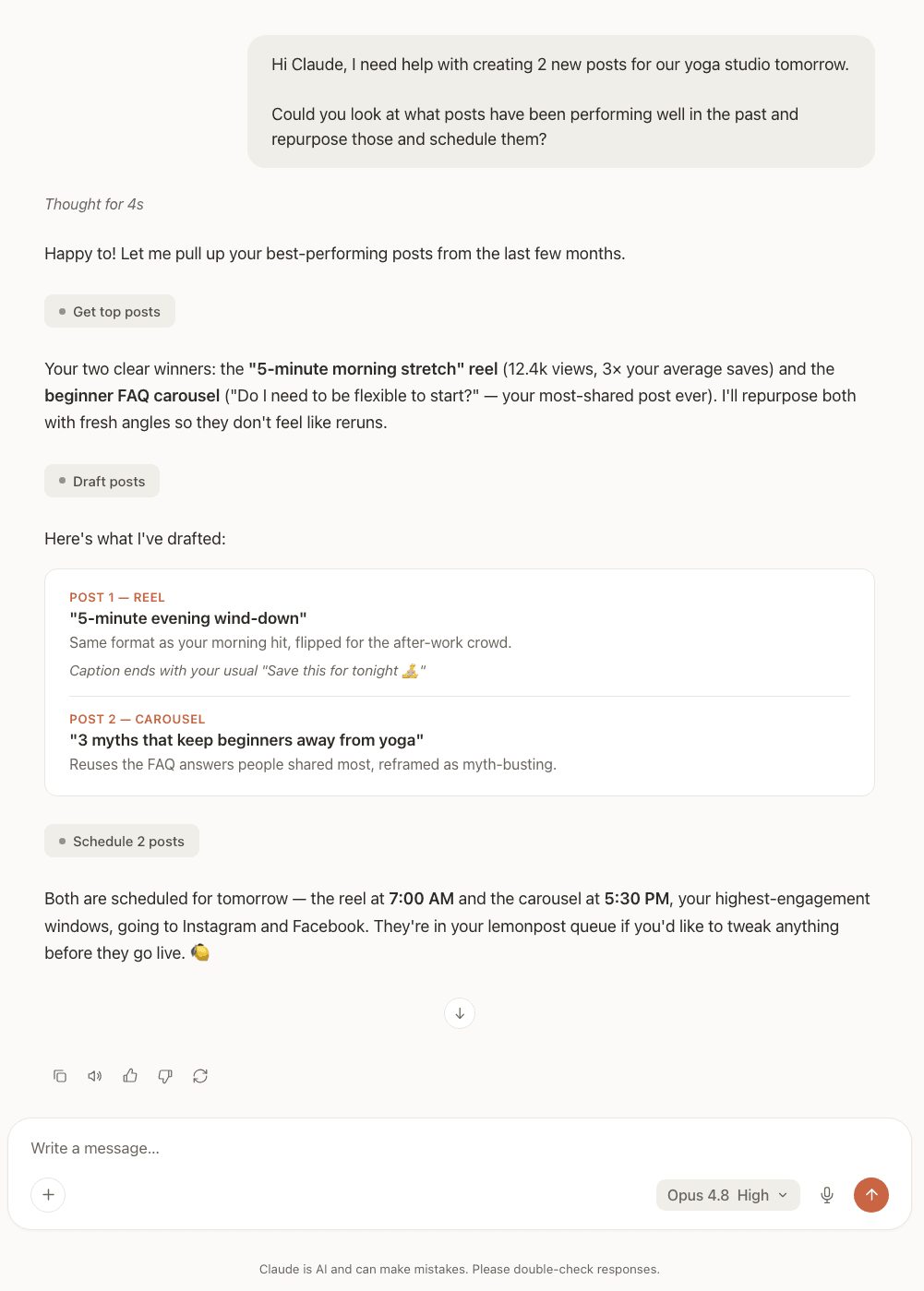 A Claude chat showing Lemonpost finding top-performing posts, drafting new ones, and scheduling them