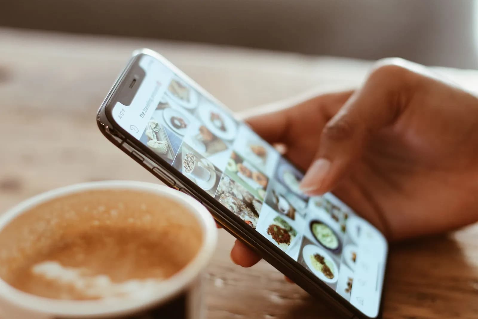 A hand browsing photos on a smartphone next to a cup of coffee