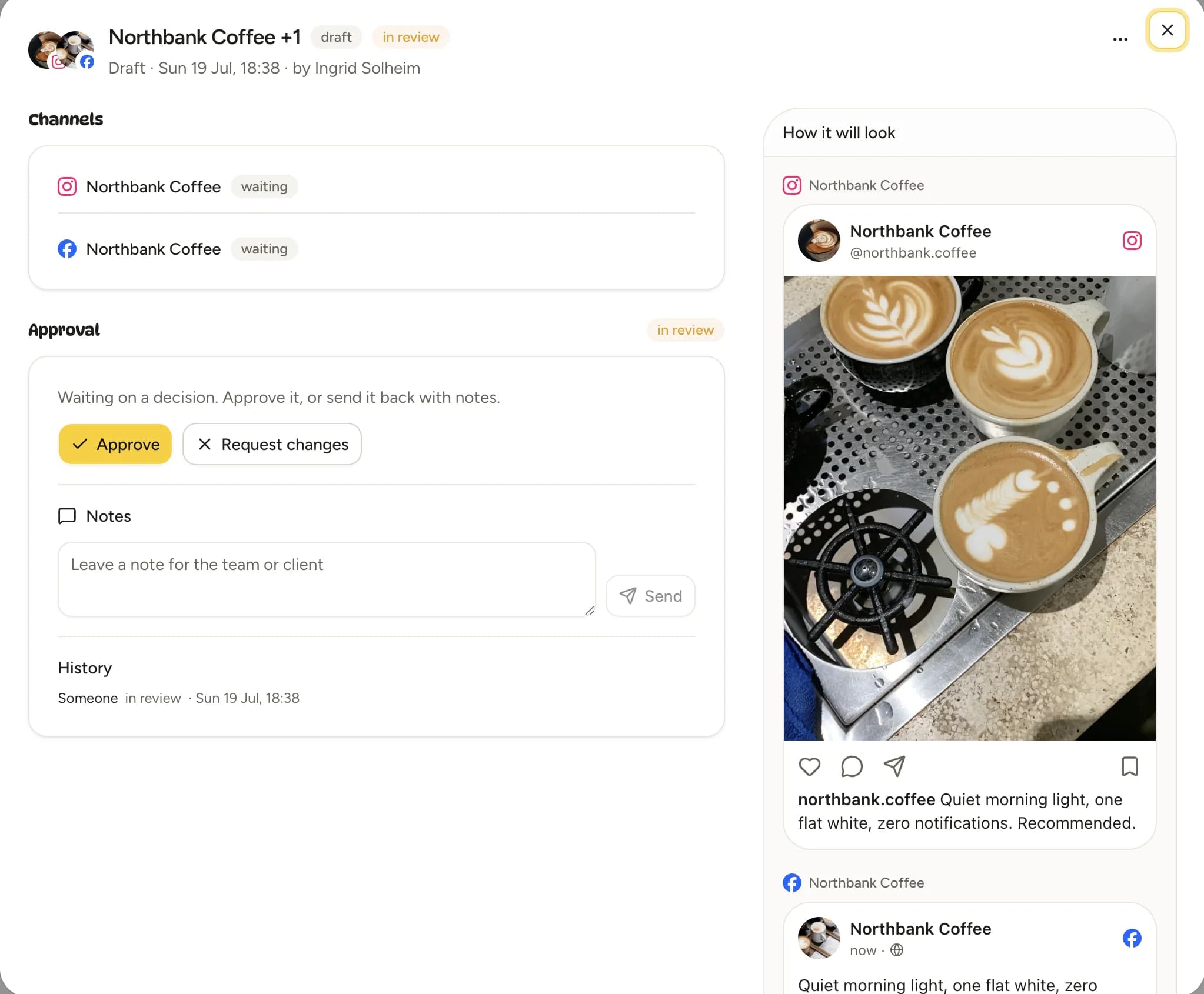A post approval view where a client can approve or comment before publishing